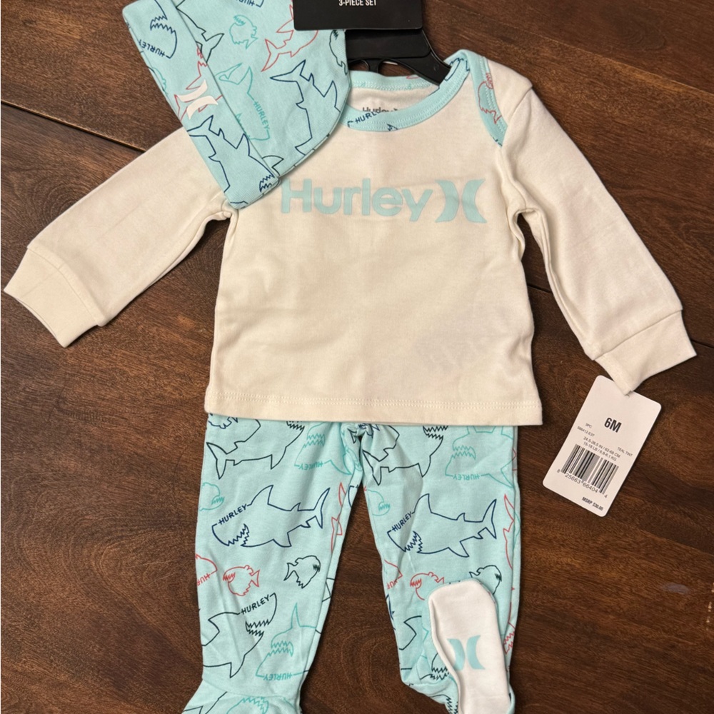 Hurley, 3 piece sleeper set, Size 6 months. Cute shark print.